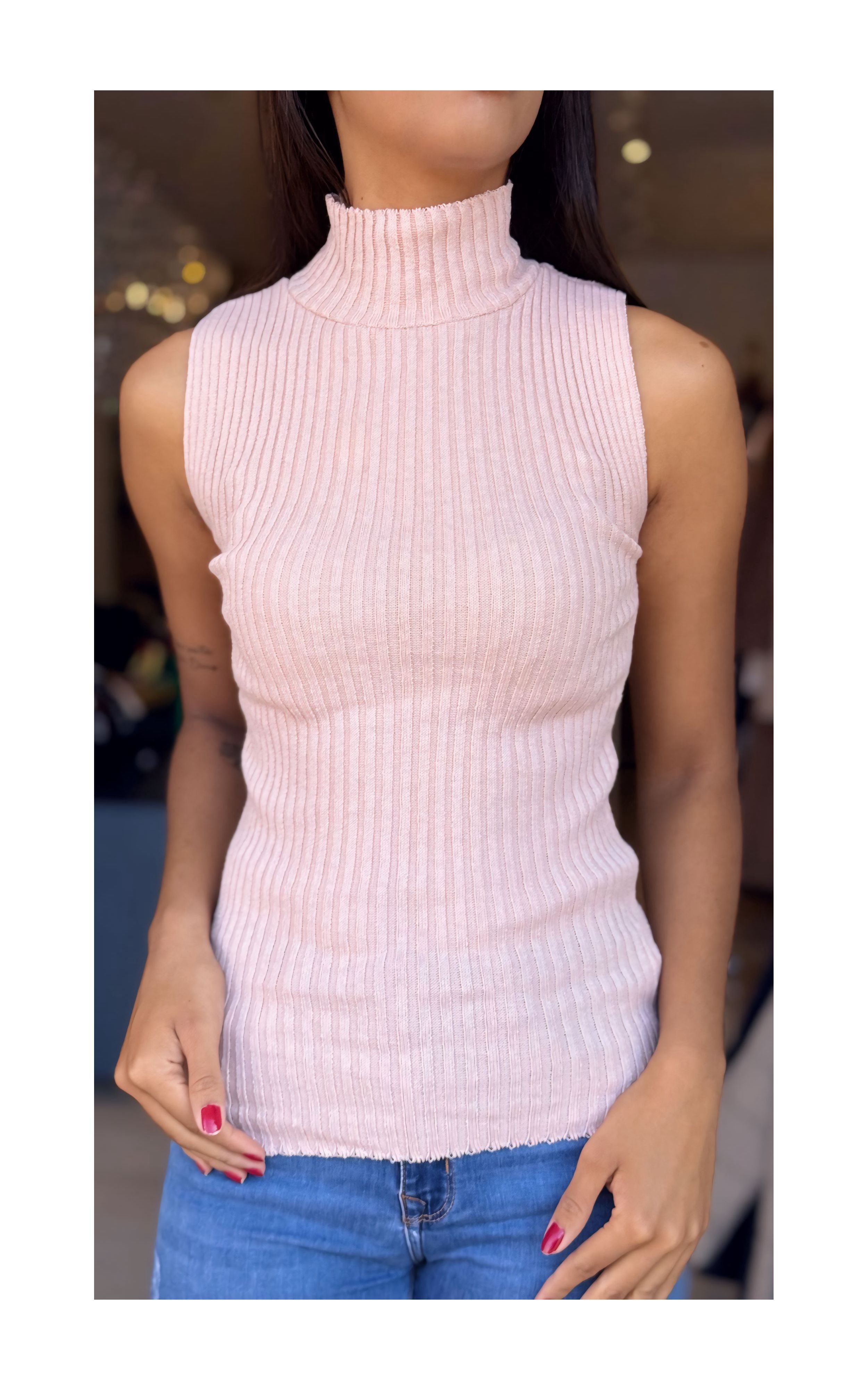 Tricot Feminino Gola Alta Garrafinha Básico Rosa B... - GIOVANA MODAS