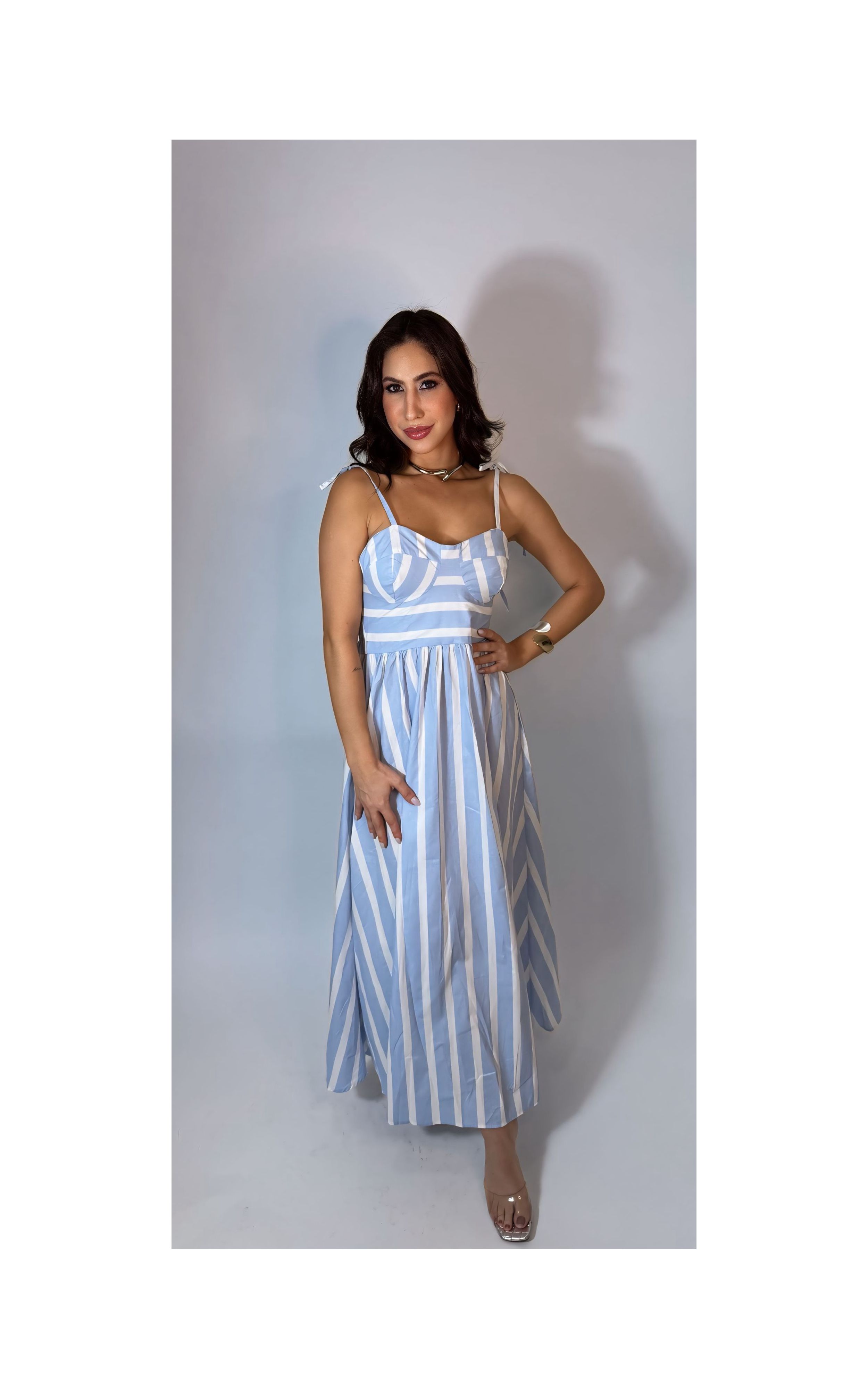 Vestido Longo Listrado Azul Bebê e Branco Tam Únic... - GIOVANA MODAS