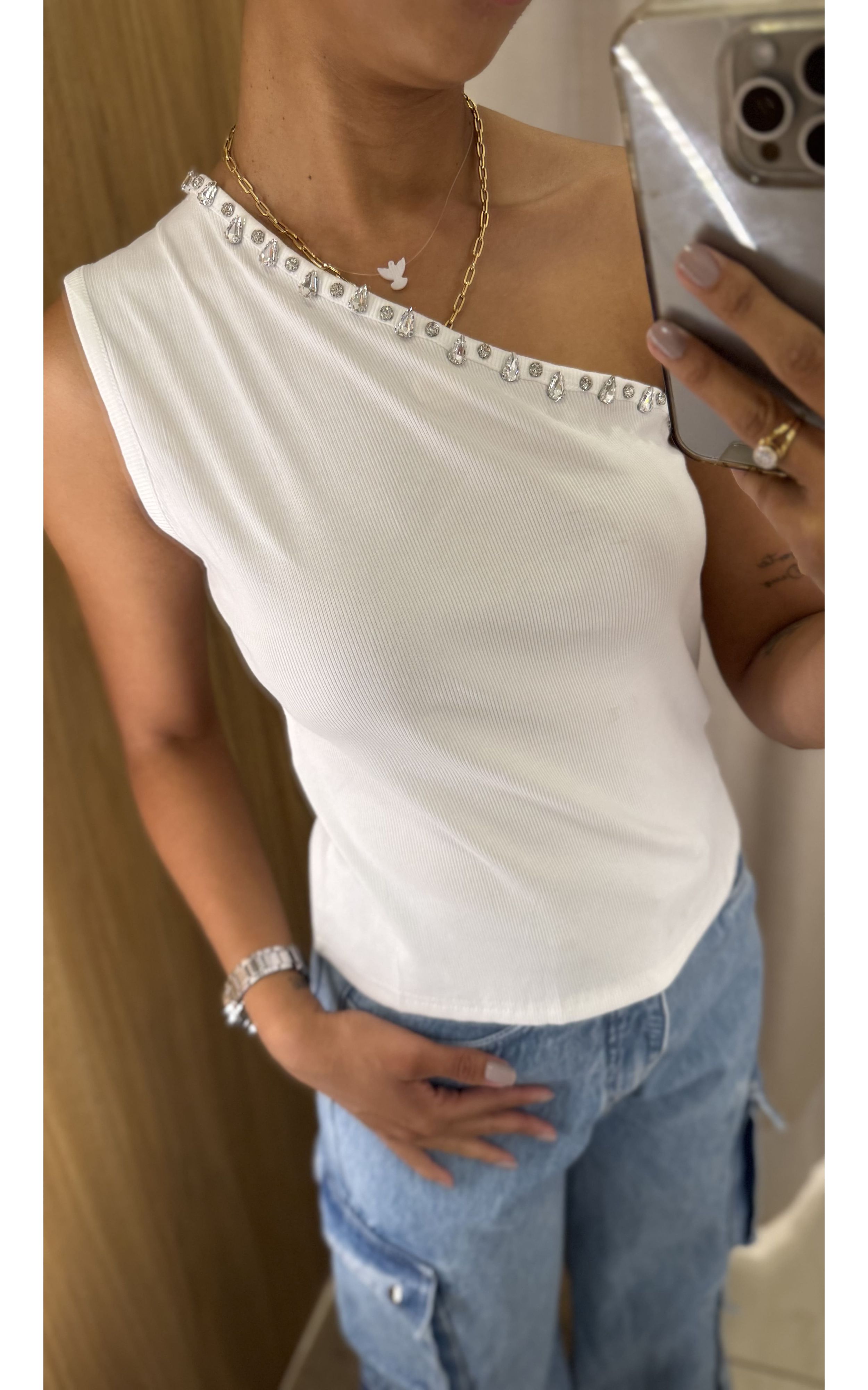 BLUSA CANELADA MANGA NULA BRANCA LO P - GIOVANA MODAS