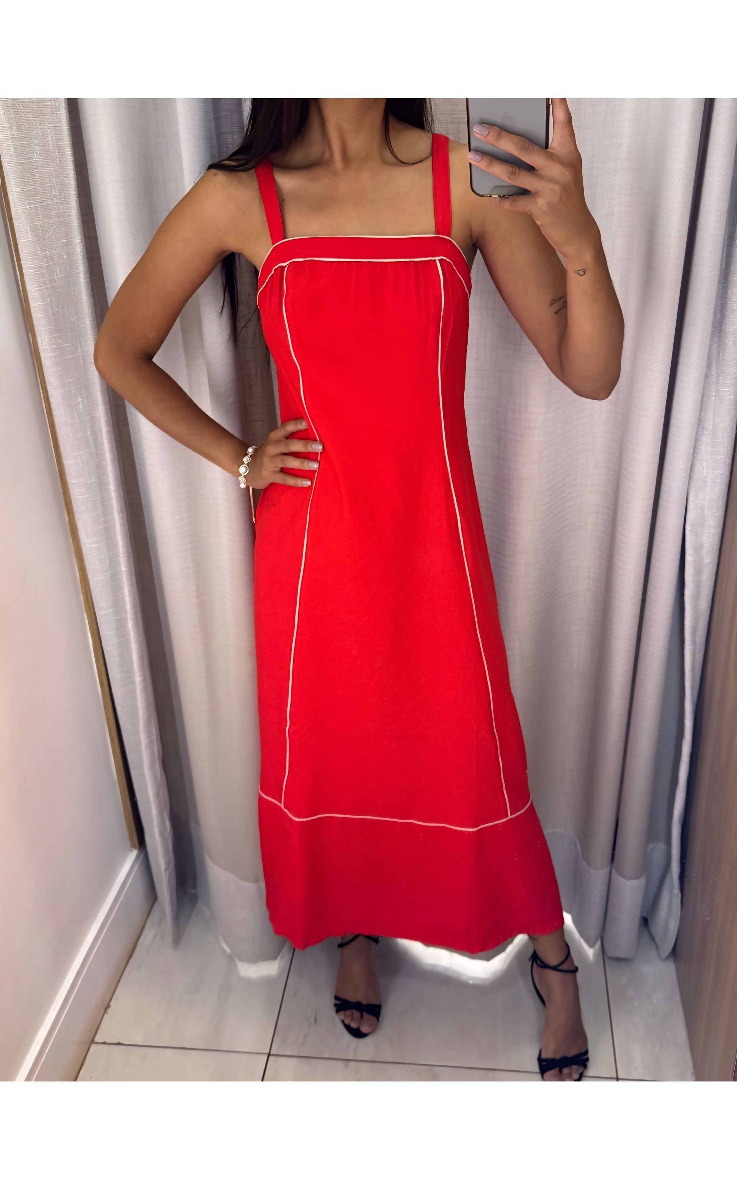 VESTIDO MIDI VERMELHO E LISTRA BRANCA 16124 PIGME... - GIOVANA MODAS