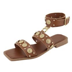 Rasteira Aura Sandália Boho Enfeites Metal Caramel... - Agnes Veronez