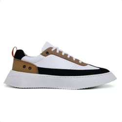 Tênis Masculino Couro Tricolor Branco Preto e Taup... - Logaly 