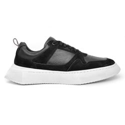 Tênis Masculino Couro Preto Recortes Nobuck Preto - Logaly 