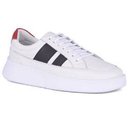 Tênis Masculino Couro Branco Tricolor Duas Listras... - Logaly 