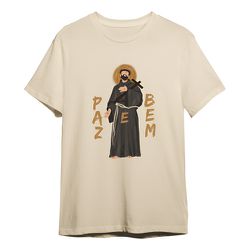 Camiseta São Francisco Assis Bege Paz E Bem Católi... - Amiguinhos do Céu