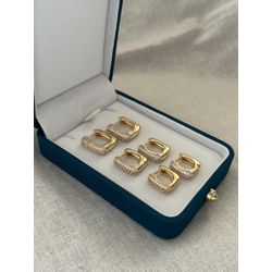 Brinco Argola Quadrada Cravejada Banhado Ouro 18k ... - ANA B ACESSÓRIOS