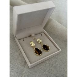 BRINCO ORGÂNICO COM PENDENTE EM RESINA MARROM BANH... - ANA B ACESSÓRIOS