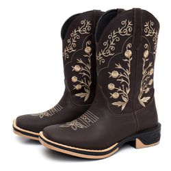 Bota Texana Feminina Flores Bege Country Em Couro ... - Andrade Country