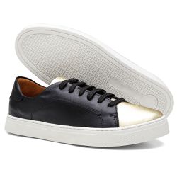 Tenis Feminino Laces em Couro Legitimo Preto e Our... - ARTEZANNI