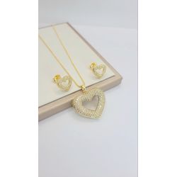 Conjunto De Coração Grande Com Zircônias Banhado à... - A S JOIAS E SEMIJOIAS