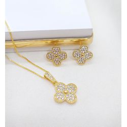 Conjunto Trevo Zircônias Banhado a Ouro - 999.51.... - A S JOIAS E SEMIJOIAS