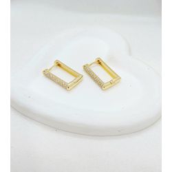 Brinco Argola Quadrada Com Um Lado Cravejado Banha... - A S JOIAS E SEMIJOIAS