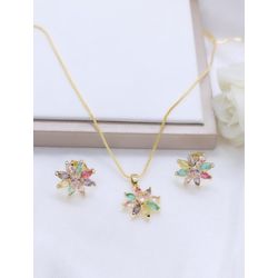 Conjunto Flor Zircônias Coloridas Banhado a Ouro -... - A S JOIAS E SEMIJOIAS