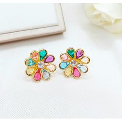 Brinco Flor Zircônias Coloridas Banhado a Ouro - 9... - A S JOIAS E SEMIJOIAS
