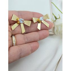 Brinco de Laço com Zircônia Oval Banhado a Ouro - ... - A S JOIAS E SEMIJOIAS