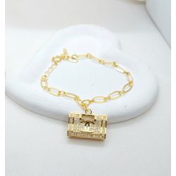 Pulseira Pingente Bolsa Cravejado em Microzircônia... - A S JOIAS E SEMIJOIAS