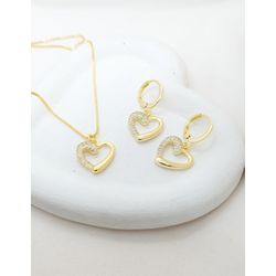 Conjunto Colar E Argola Coração Metade Cravejada e... - A S JOIAS E SEMIJOIAS