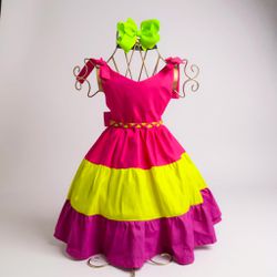 VESTIDO MELISSA TRICOLOR - COM FUCSIA - Ateliê NewBaby