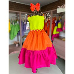 Vestido Marisol Tricolor -lima/pink/laranja - Ateliê NewBaby