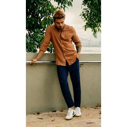 Camisa Mar Manga Longa Marrom Cal a de Linho Azul
