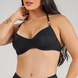 TOP MEIA TAÇA COM ARCO HIT ALÇAS BIJOUX LISO PRETO... - Banho de Mar