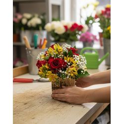 Arranjo de Rosas Vermelhas com Astromélias Amarela... - Bellas Cestas Online Salvador