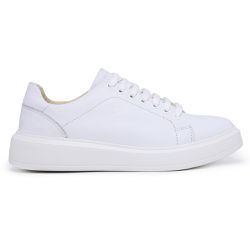 Tênis de Amarrar Couro Liso Branco Sola Alta Branca Clean