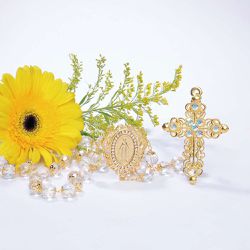 Terço Noiva Cristal Irisado e Strass - Dourado - 16471 - Betânia Loja Católica 