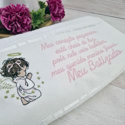 Toalha Bordada Meu Batismo - Anjo Frase Rosa - 29569 - Betânia Loja Católica 