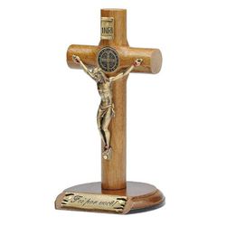 Crucifixo Madeira Cilíndrica de mesa 12cm São Bento- Foi por você - 19256 - Betânia Loja Catolica 