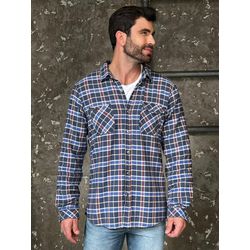 Camisa Masculina Xadrez Marinho e Bordô com Bolsos... - BIOTWO
