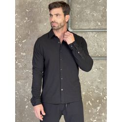 Camisa Masculina Manga Longa Texturizada Preta - 0... - BIOTWO