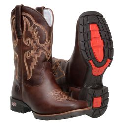 Bota Masculina Texana Em Couro Fóssil Café Com Sol... - BOTAS MANGALARGA