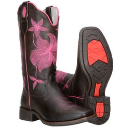 Bota Country De Cano Alto Em Couro Café/Rosa - 581... - BOTAS MANGALARGA