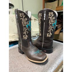 Bota Texana em Couro Tribal Floral Café e Azul - B... - Botas Texanas Fabi