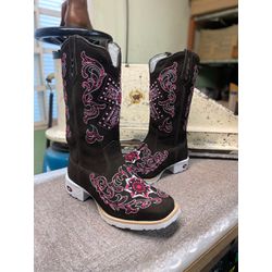 Bota Texana em Couro Floral Café e Rosa - BTF34 - Botas Texanas Fabi