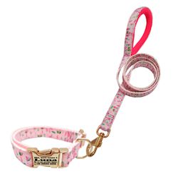 Coleira com guia estampa Rosa com Flamingos fecho ... - Brincadeira Animal