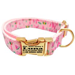 Coleira com estampa Rosa com Flamingos fecho de en... - Brincadeira Animal
