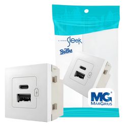 Módulo Tomada Duplo Usb-c + Usb-a 2a Bivolt Branco Sleek Margirius - Broketto Materiais Elétricos