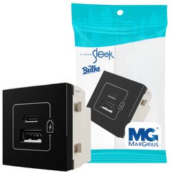 Módulo Tomada Duplo Usb-c + Usb-a 2a Bivolt Preto Brilhante Sleek Margirius - Broketto Materiais Elétricos