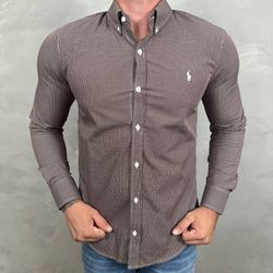 Camisa Manga longa PRL Micro Xadrez Marrom - 40848 - DROPA AQUI