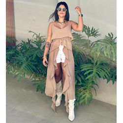 Bata Túnica Longa com Babados Bege - Cajuá Franca
