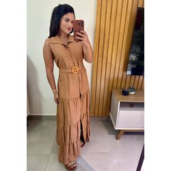 Vestido Longo Terracota Botões com Cinto em Fivela... - Cajuá Franca