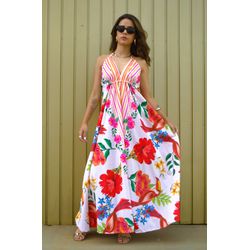 Vestido Lenço Maxi Floral Estampa Tropical Decote ... - Cajuá Franca