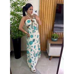 Vestido Off White Estampa Arara Verde com Decote ... - Cajuá Franca