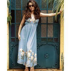 Vestido Azul Claro Midi Estampa Floral - Cajuá Franca