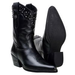 Bota Feminina Bico Fino Cano Curto Em Couro Legitimo Cor Preta Com Strass
