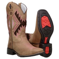 Bota Cano Médio Feminina Em Couro Cor Crazy Horse Tabaco Laser Rosa - ... - CAPELLI BOOTS