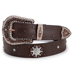 Cinto Feminino Em Couro Nobre Cor Café Metal E Strass Brilhante - cf-0... - CAPELLI BOOTS