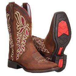 Bota Country Feminina Em Couro Cano Médio Com Bordados Vermelhos - 561... - CAPELLI BOOTS